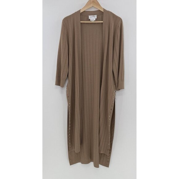 Joseph Ribkoff Studded Brown Bride Cover-Up Duster Cardigan Sz L Preppy Coastal - Picture 2 of 10